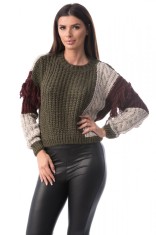 E776A-14 Pulover casual in trei culori decorat cu franjuri