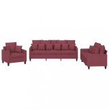 Set canapea cu perne, 3 piese, rosu vin, material textil