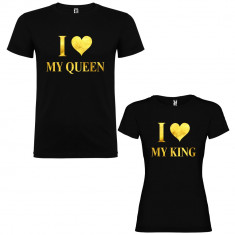 Set 2 Tricouri cuplu I love My Queen si I love My King, negru/auriu foto