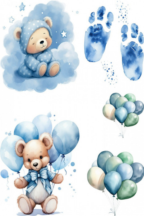Sticker decorativ, Ursulet si Baloane, Albastru, 90 cm, 8380ST-9