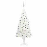 Set brad de Crăciun artificial cu LED-uri/globuri, alb, 150 cm