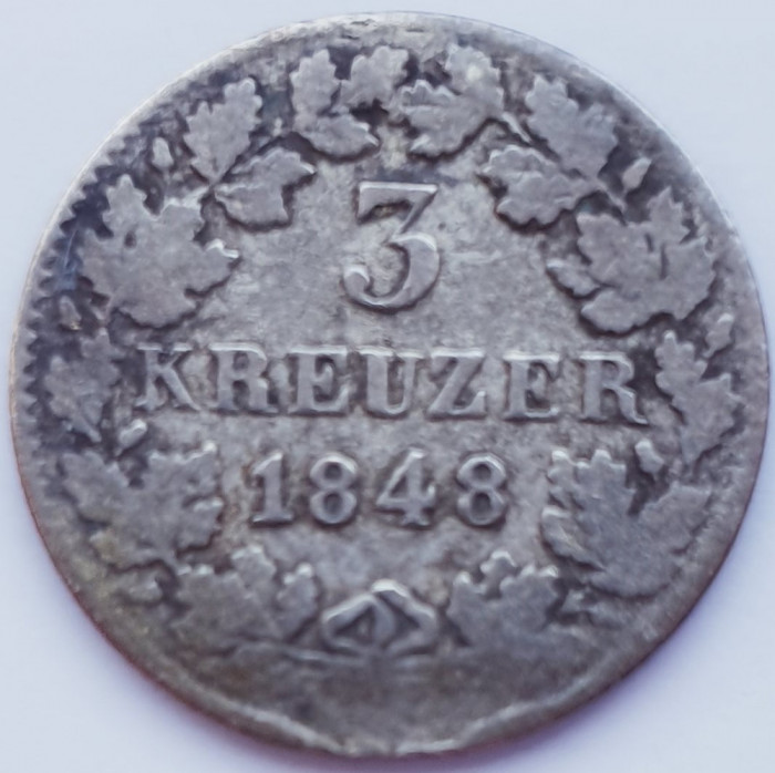 338 Germania Nassau 3 Kreuzer 1848 Adolph km 61 argint