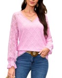 Bluza dama din dantela cu decolteu in V maneca lunga floral mansete evazate &ndash; Roz - Marime XL