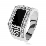 Inel argint 925, dreptunghi negru, ştrasuri transparente, cheie grecească - Marime inel: 54