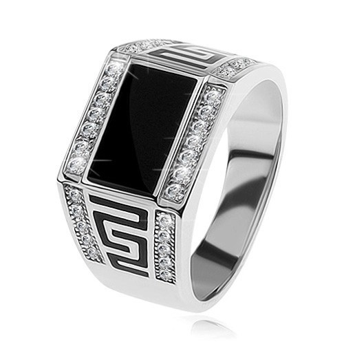 Inel argint 925, dreptunghi negru, ştrasuri transparente, cheie grecească - Marime inel: 62