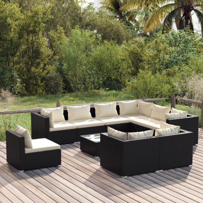 Set mobilier de gradina cu perne, 10 piese, negru, poliratan GartenMobel Dekor