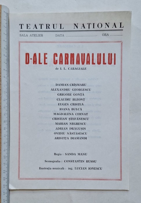 Afiș Teatrul Național &ndash; D-ale carnavalului I. L. Caragiale &ndash; regia Sanda Manu, Claudiu Bleonț, Ioana Bulcă