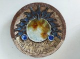 Platou decorativ din ceramică cu sticlă topită &ndash; 26 cm diametru - semnat JK - studio pottery artist made