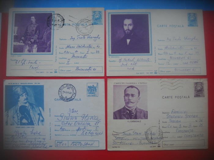 HOPCT LOT 4238 -4 CARTI POSTALE-PERSONALITATI -I L CARAGIALE-NICOLAE BALCESCU-AVRAM IANCU-ALEXANDRU IOAN CUZA-CIRCULATE