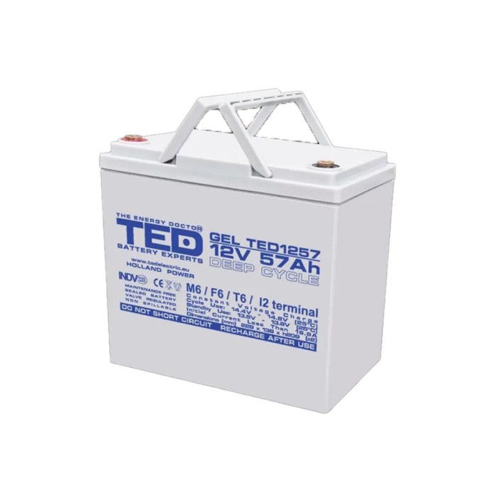 Acumulator pentru UPS sau panouri fotovoltaice TED GEL BA086431, 57Ah, 12V, M6, TED1257 Deep Cycle SafetyGuard Surveillance