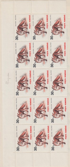 1993 LP 1318 ANIMALE VALOAREA 30 L HARTIE ALBA FILIGRAN BLOC 15 TIMBRE MNH
