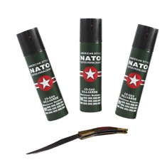 Set autoaparare 3 sprayuri jet si briceag de buzunar spaniol, teaca inclusa