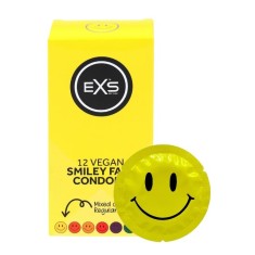Prezervative EXS Smiley Face Condoms, design multicolor cu z&acirc;mbet, din latex, diametru 54 mm, 12 bucăți