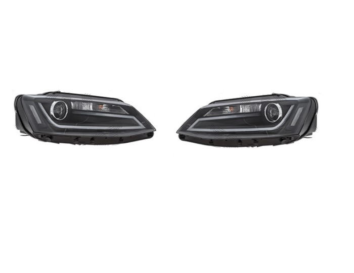 Far Volkswagen Jetta (1b), 07.2010-, model tuning, montare fata, stanga+dreapta, cu lumina de parcare LED; H1+H1+LED; electric; negru, transparent; c