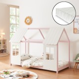 Pat casuta copii cu saltea design semideschis Tostedt 90x200 cm roz alb [en.casa] HausGarden Leisure