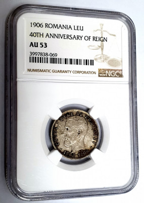 Monedă 1 Leu 1906 - Carol I | din argint | gradata NGC AU53 foto