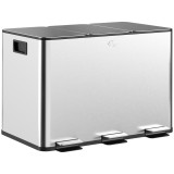 HOMCOM Coș de Gunoi cu 3 Compartimente de 20L, Cu Pedală, Capace cu &Icirc;nchidere Silențioasă, Oțel Inoxidabil și PP, 61,9x36,6x56,7 cm, Argintiu | Aosom