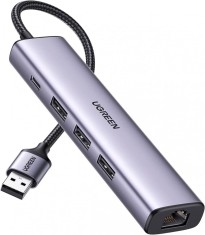ADAPTOR RETEA Ugreen, &quot;cm475&quot; extern, USB 3.0 (T) la port Gigabit RJ-45, porturi USB: USB 3.0 x 3, USB Type-C x 1, argintiu &quot;60554&quot; (timbru verde 0.18