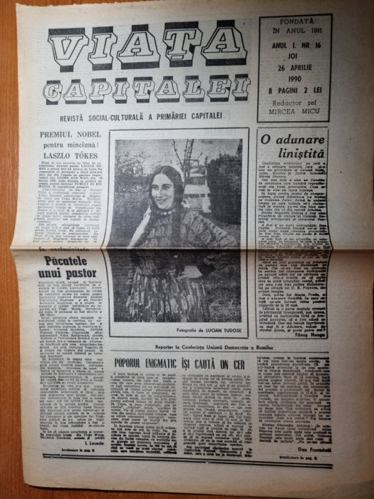 ziarul viata capitalei 26 aprilie 1990-interviu laszlo tokes,steaua bucuresti