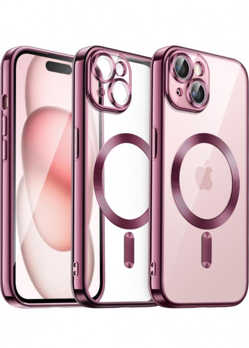 Huse silicon cu incarcare magetica wireless pentru Iphone 15 Plus Roz