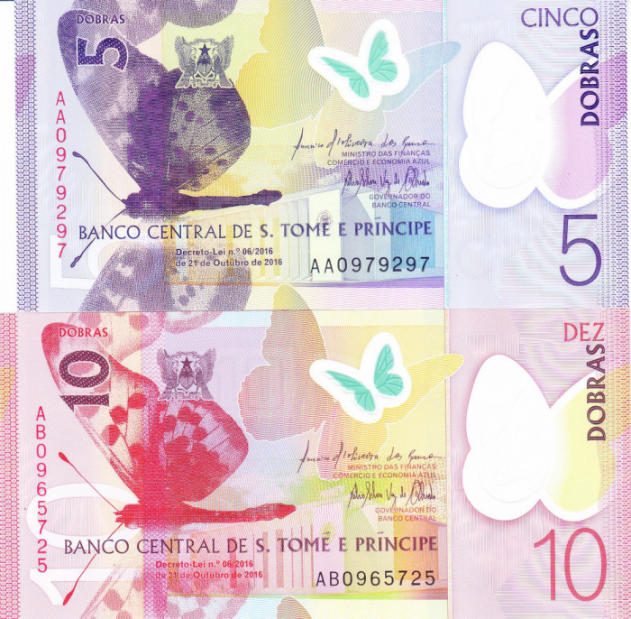 Bancnota Sao Tome si Principe 5 si 10 Dobras 2016(2018) - P70/71 UNC ( polimer )