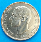 SPANIA 5 PESETA 1885 ALFONSO XII STARE EXCELENTA CU EROARE DE BATERE P, Europa