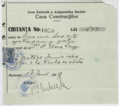 Romania, Casa Centrala a Asigurarilor Sociale, Casa Constructiilor, Chitanta, Bucuresti, 1939 foto