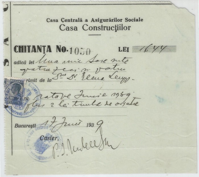 Romania, Casa Centrala a Asigurarilor Sociale, Casa Constructiilor, Chitanta, Bucuresti, 1939