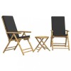 Set de bistro pliabil, 3 piese, cu perne gri inchis, bambus