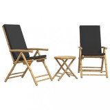 Set de bistro pliabil, 3 piese, cu perne gri inchis, bambus