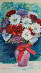 Pictura in acuarela - vaza cu flori, neinramata, semnata foto