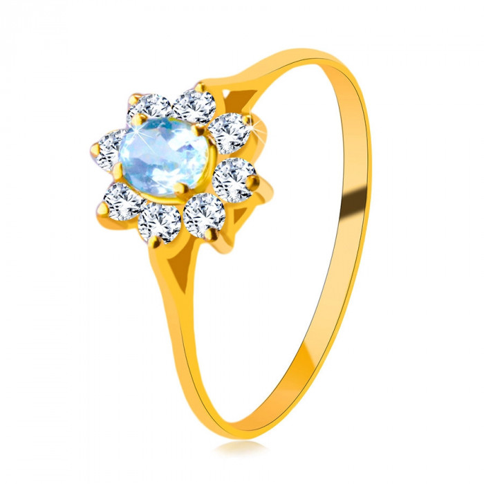 Inel din aur galben de 14K - topaz oval, linie de petale de flori, zirconii rotunde - Marime inel: 56
