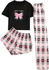 dusa Set pijamale 3 piese pentru femei cu imprimeu in carouri Tricou ?i pantaloni scur?i Pantaloni Set pijama roz in carouri mediu foto