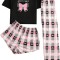 dusa Set pijamale 3 piese pentru femei cu imprimeu in carouri Tricou ?i pantaloni scur?i Pantaloni Set pijama roz in carouri mediu