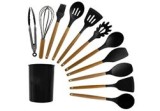 Set 12 ustensile de bucătărie, lemn/silicon, negru