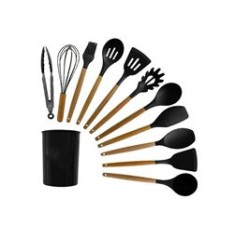 Set 12 ustensile de bucătărie, lemn/silicon, negru