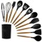 Set 12 ustensile de bucătărie, lemn/silicon, negru