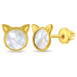 Cercei Copii din Aur 14K, in forma de Pisica cu Sidef, Mother of Pearl