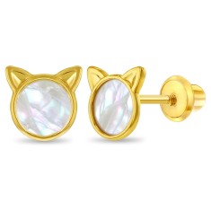 Cercei din Aur 14K pentru Copii, model Pisicuta cu Sidef Mother of Pearl, inchidere cu Filet si Protectie