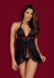 Babydoll Rossita+Thong Negru/Visiniu S/M, Obsessive