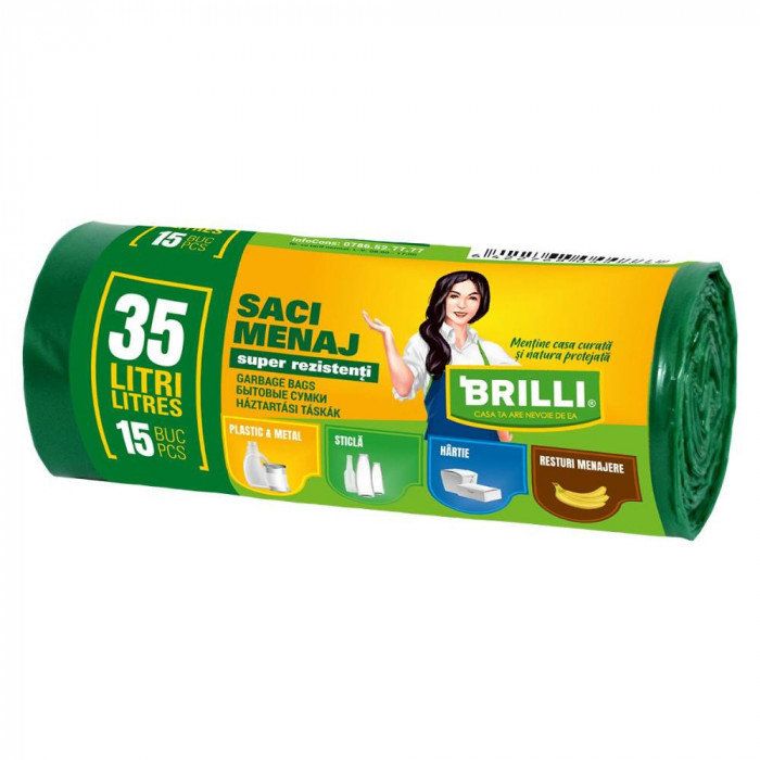 Rola 15 Saci Menajeri pentru Colectare Selectiva Brilli, 35 l, Verzi, Saci de Menaj, Rola Saci Menajeri, Saci Menajeri 35 l, Saci Menajeri in Rola, Sa