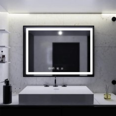Oglinda LED Rama Neagra Senzor MotionGlow Incanto Sistem Dezaburire Ceas Rama Neagra 80x60 cm Lumina Rece/Calda/Neutra Dimabila, colectia Marcello Fun