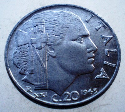 1.784 ITALIA WWII VITTORIO EMANUELE III 20 CENTESIMI 1943 R MAGNETIC foto