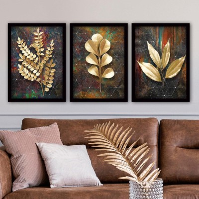 Tablou Canvas Frunze Montella, Auriu - Negru, 45x35 cm, 3 bucati foto