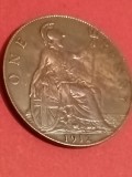 One 1 penny peny peni 1912 , Anglia , stare EF/EF+ (poze). Discount conform descriere [10 - 20 %. Vezi descrierea.].