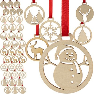 Set 36 decoratiuni pentru bradul de Craciun, 6 modele diferite, diametru 5.5 cm, lemn si panglica foto