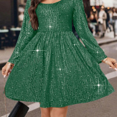 Rochie mini cu detalii sclipici, decolteu decupat si maneca lunga, verde, dama, Shein