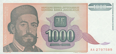 IUGOSLAVIA █ bancnota █ 1000 Dinara █ 1994 █ P-140 █ Serie AA █ UNC █ foto