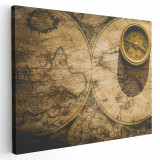 Tablou canvas busola cu harta veche a lumii, galben, maro 1102 Tablou canvas pe panza CU RAMA 20x30 cm