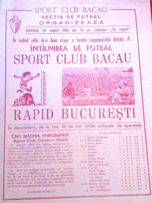 Program meci fotbal SC BACAU - RAPID BUCURESTI (24.08.1986) foto